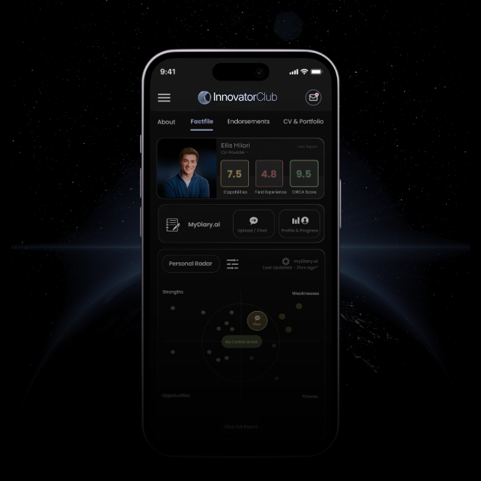 Personal development app interface showing a profile, capability radar, and growth metrics